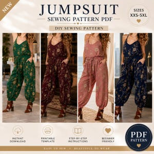 May include: A digital sewing pattern for a sleeveless jumpsuit with a V-neckline, thin straps, a tie waist, and tapered legs. The pattern features a floral print and is available in sizes XXS-5XL. The image displays four colour variations.