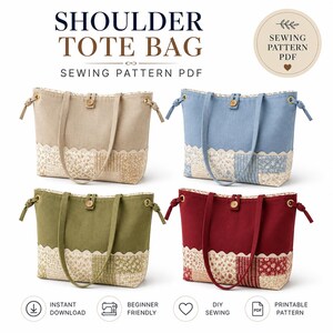 May include: Four shoulder tote bags in beige, blue, olive green, and dark red. Each bag features a solid color upper section, a floral patchwork lower section with a scalloped edge, two handles, and a button closure. Text reads SHOULDER TOTE BAG.