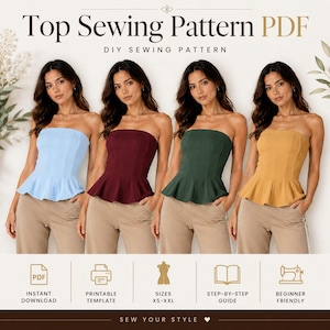 Può includere: Un cartamodello PDF digitale per un top peplum senza spalline, mostrato in azzurro, bordeaux, verde scuro e giallo senape. L'immagine include etichette per download istantaneo, modello stampabile, taglie XS-XXL e guida passo dopo passo.