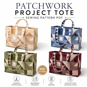 Puede incluir: Un patrón de costura digital para un Patchwork Project Tote, con cuatro bolsos rectangulares en beige, azul, verde y granate con patrones geométricos, dos asas e iconos para descarga instantánea, nivel principiante e instrucciones.