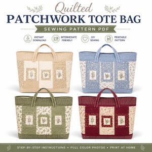 May include: A digital sewing pattern for a quilted patchwork tote bag. The image displays four tote bags in beige, blue, green, and burgundy, each featuring floral fabric panels, striped borders, and two handles. Text includes Quilted Patchwork Tote Bag.