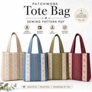 Może przedstawiać: Wzór krawiecki PDF na torbę typu tote patchwork z czterema torbami w kolorach beżowym, niebieskim, oliwkowym i bordowym z kwiatowymi panelami. Tekst głosi Patchwork Tote Bag, Sewing Pattern PDF, Instant Download, Beginner Friendly, DIY Sewing, Printable Pattern, Easy Step-by-Step Instructions, oraz Beautiful, Practical, Handmade by You.