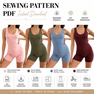 May include: A digital sewing pattern for a sleeveless romper with a scoop neckline and shorts. The image displays four variations in soft blush pink, olive green, dusty blue, and deep burgundy. Text includes SEWING PATTERN PDF Instant Download.