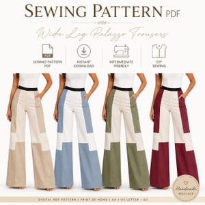 Peut inclure: Un patron de couture numérique pour pantalon palazzo à jambes larges. L'image montre quatre pantalons en beige, bleu, vert olive et bordeaux, chacun doté d'une taille haute noire et d'un design color-block avec des panneaux blancs.