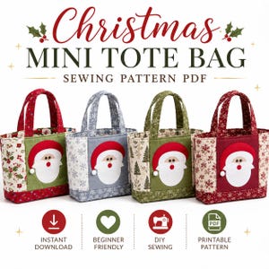 May include: Four mini tote bags with Christmas themes, each featuring a central Santa Claus applique. The bags have various fabric patterns including holly, snowflakes, and trees. Text reads: Christmas MINI TOTE BAG SEWING PATTERN PDF.