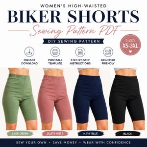Könnte beinhalten: Ein digitales Schnittmuster für eine hoch taillierte Radlerhose mit dem Text WOMEN'S HIGH-WAISTED BIKER SHORTS SEWING PATTERN PDF. Das Bild zeigt vier Hosen in den Farben Salbeigrün, Altrosa, Marineblau und Schwarz.
