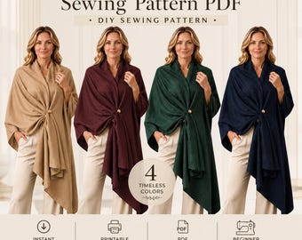 Wrap Shawl Sewing Pattern PDF, Ruana Wrap Pattern, Asymmetrical Shawl Sewing Pattern,