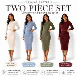 May include: A sewing pattern for a two-piece set featuring a long-sleeve jersey top and a bodycon skirt. The image displays four color variations: soft cream, dusty blue, olive green, and burgundy. Text includes SEWING PATTERN TWO PIECE SET.