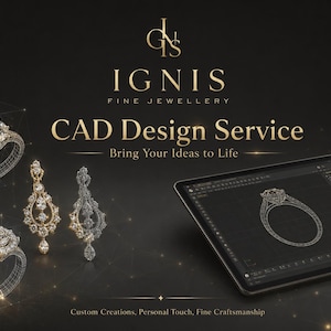 May include: A digital display of the Ignis Fine Jewellery CAD Design Service featuring gold rings and ornate earrings alongside a tablet showing a wireframe ring design. The text reads Ignis Fine Jewellery CAD Design Service Bring Your Ideas to Life.