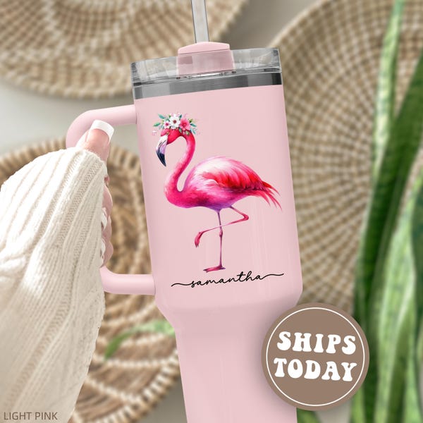 Flamingo Tumbler Personalized Flamingo 40oz Tumbler with Handle Custom Flamingo Gifts for Flamingo Lover Gifts Flamingo Cup Travel Mug 40 oz