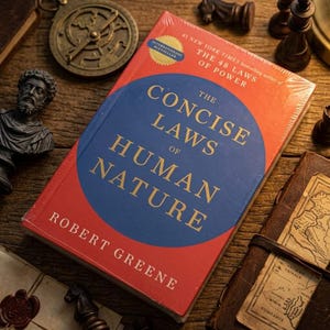 May include: A hardcover book titled The Concise Laws of Human Nature by Robert Greene. The cover features a red background with a large blue circle in the center, displaying the title in gold lettering. A gold sticker indicates it is a bestseller.