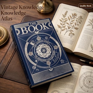 May include: A dark blue hardcover book titled The Book: The Ultimate Guide to Rebuilding Civilization with silver geometric and circular illustrations on the cover, displayed alongside an open book featuring botanical sketches and diagrams.