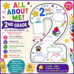 Può includere: Una scheda didattica stampabile All About Me per la seconda elementare con il contorno del numero due che include sezioni per una foto, nome, colore preferito, animale e obiettivi. Il design include stelle colorate, una matita e dei libri.