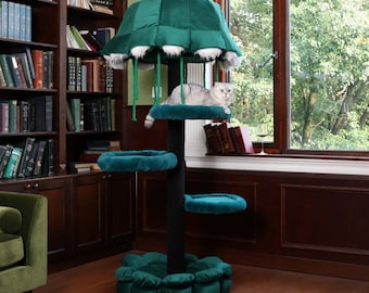 Modern Cat Tower, Jellyfish Cat Tree, Wooden Pet Furniture, Cat Gift, Jellyfish Cat Condo, Green Cat Scratching House, Cat Climbing Supplies