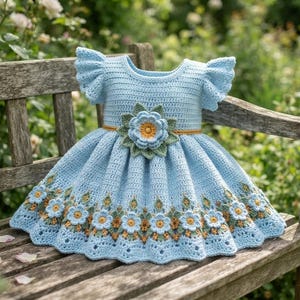 May include: A light blue crochet dress featuring ruffled sleeves and a round neckline. The waist is accented with a large, dimensional floral applique in shades of blue, green, and yellow. The hem is decorated with a repeating floral pattern.