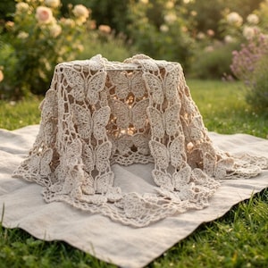 May include: A beige crochet shawl featuring a repeating pattern of interconnected butterfly motifs. The textile is crafted with intricate yarn work, creating a delicate, openwork design with scalloped edges along the bottom border of the garment.