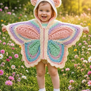 May include: A crochet butterfly-shaped hooded poncho featuring pastel colors including pink, mint green, and light blue. The garment includes a hood with two round pom-poms on top, a scalloped edge, and a central vertical panel, worn over white shoes.