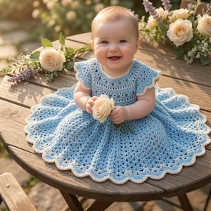 May include: A light blue crochet dress with a scalloped hem and white trim. The dress features short flutter sleeves and a textured pattern throughout the bodice and skirt. The garment is worn by a smiling infant holding a pale peach-colored rose.