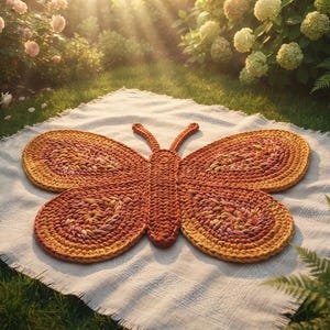 May include: A butterfly-shaped rug crafted from thick, chunky yarn in a gradient of warm colors, transitioning from deep orange and rust red in the center to golden yellow at the outer edges, featuring a textured, crocheted stitch pattern.