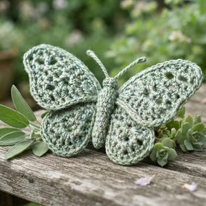 May include: A sage green crochet butterfly ornament featuring intricate openwork patterns on the wings and a central body with two thin antennae. The butterfly is crafted from yarn and displays a soft, muted green color throughout its structure.