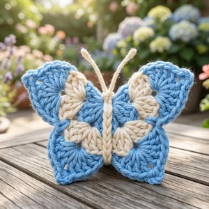 May include: A crocheted butterfly ornament featuring a central body and two antennae made of cream-colored yarn, with wings constructed from alternating sections of light blue and cream-colored yarn in a textured, open-stitch pattern.