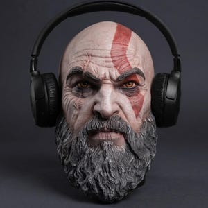 Soporte para auriculares inspirado en Kratos / Accesorio para escritorio de videojuegos / Busto espartano pintado a mano