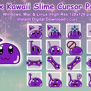 Könnte beinhalten: Eine digitale Sammlung von 17 lila Slime-Computer-Cursorn mit verschiedenen Ausdrücken und Formen. Der Text lautet 17x Kawaii Slime Cursor Pack, Windows, Mac & Linux | High-Res 128x128 px und Instant Digital Download (.cur).