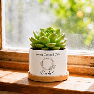 May include: A white ceramic planter containing a green succulent. The planter features the text "Strong, Centered, Calm" above a circular line drawing with a small leaf sprig and the name "Rachel" printed in black script font.