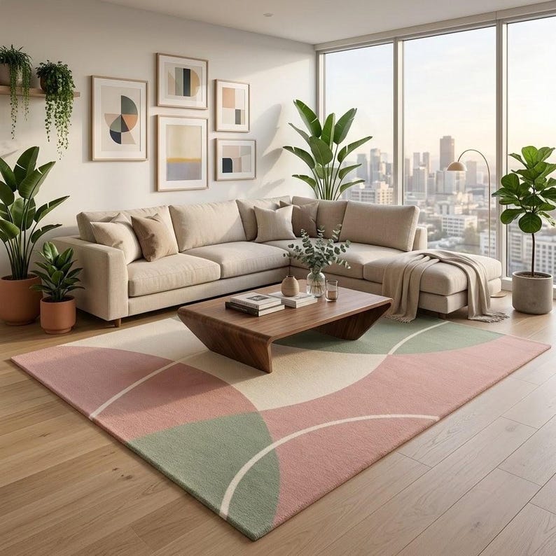 May include: A rectangular area rug featuring a geometric pattern of overlapping circles in muted shades of dusty pink, sage green, and cream. The rug is positioned on a light-toned wooden floor in a room with a beige sectional sofa and a wooden coffee table.