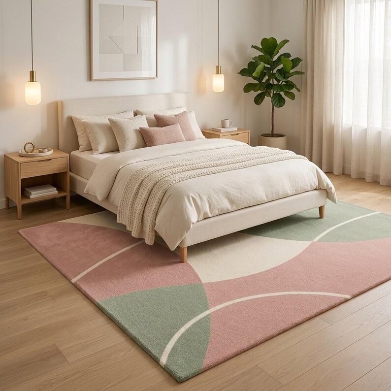 May include: A rectangular area rug featuring a geometric pattern of large, overlapping circles in muted sage green, dusty rose, and cream. The rug has a low-pile texture and is positioned on a light-toned wooden floor beneath a bed with neutral bedding.
