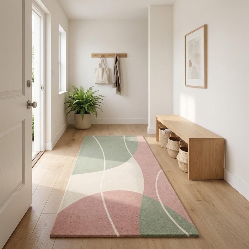 May include: A rectangular area rug featuring a geometric pattern of soft sage green and dusty rose pink curved shapes separated by thin white lines. The rug is positioned on a light-colored wooden floor in a hallway, showcasing a flat-weave texture.