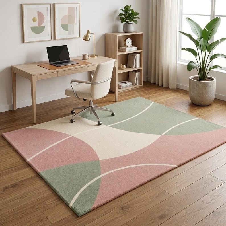 May include: A rectangular area rug featuring a geometric pattern of overlapping circles and curved lines in muted shades of dusty rose pink, sage green, and cream. The rug has a low-pile texture and is positioned on a light-toned wooden floor.