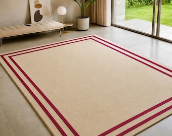 Hand-Tufted Wool Area Rug, Beige & Burgundy Geometric Border Carpet, Modern Contemporary Living Room Rug, Custom Size Home Decor