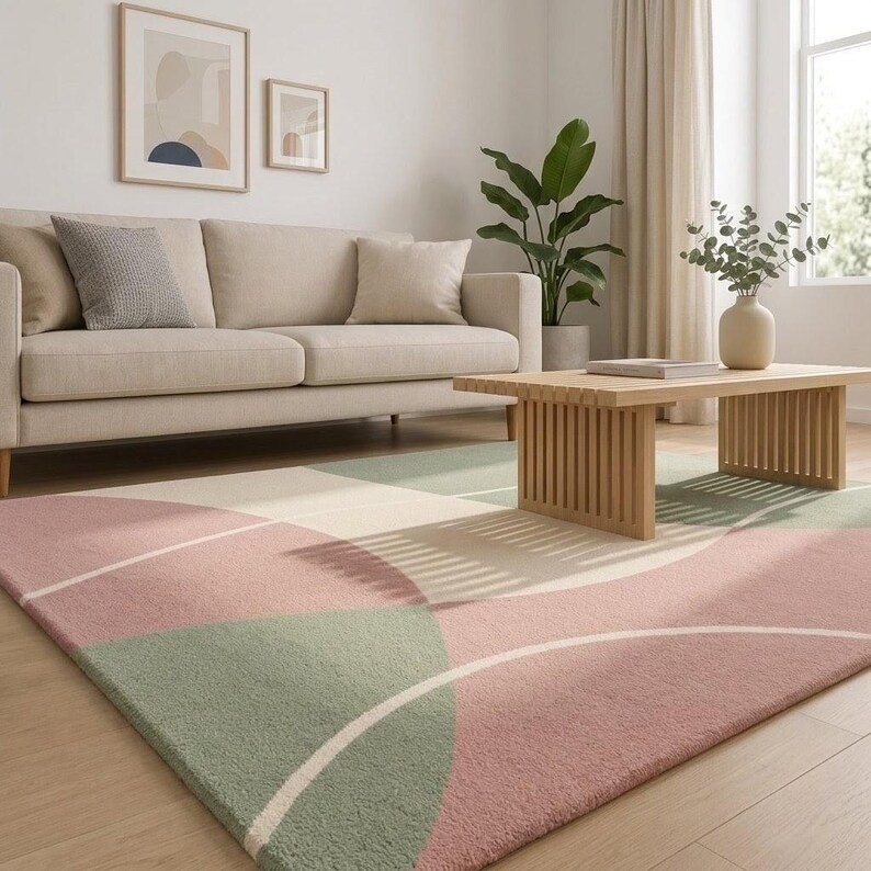 May include: A rectangular area rug featuring a geometric pattern of overlapping circles and arcs in soft shades of dusty pink, sage green, and cream. The rug has a textured, plush pile surface and is positioned on a light-colored wooden floor.