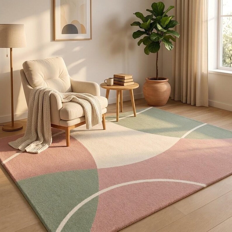 May include: A rectangular area rug featuring a geometric pattern of overlapping circles and curved segments in muted shades of dusty pink, sage green, and cream. The design is composed of soft, textured fibers with clean white lines defining the shapes.