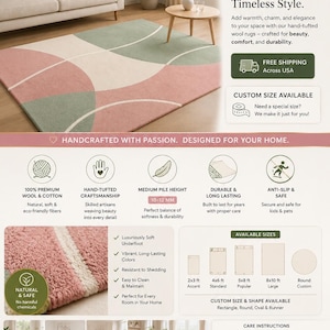 May include: A rectangular hand-tufted wool rug featuring a geometric pattern of overlapping circles in muted pink, sage green, and cream. The design includes thin white curved lines, a medium pile height of 10-12 mm, and a soft, textured surface.