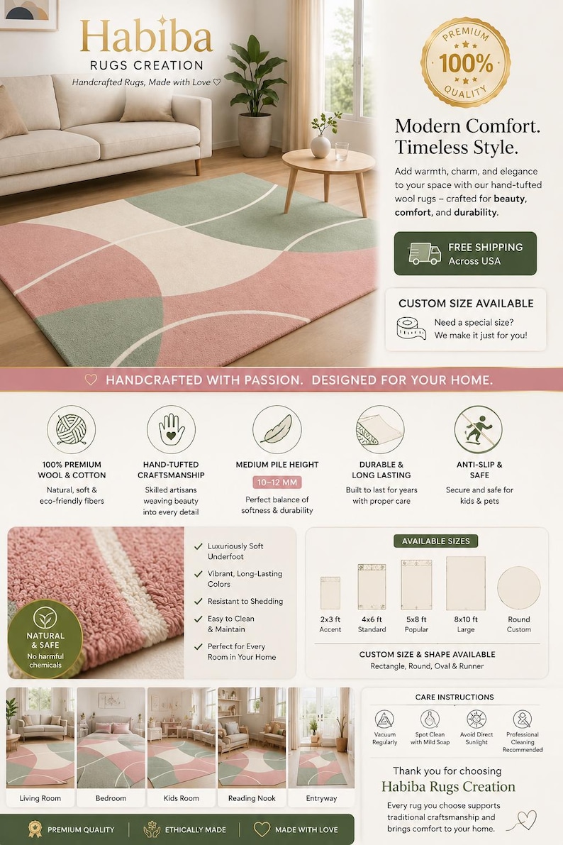 May include: A rectangular hand-tufted wool rug featuring a geometric pattern of overlapping circles in muted pink, sage green, and cream. The design includes thin white curved lines, a medium pile height of 10-12 mm, and a soft, textured surface.