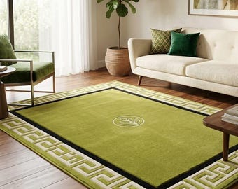 Hand Tufted Olive Green Wool Area Rug with Greek Key Border | Modern Luxury Living Room Carpet | Custom Handmade Rug