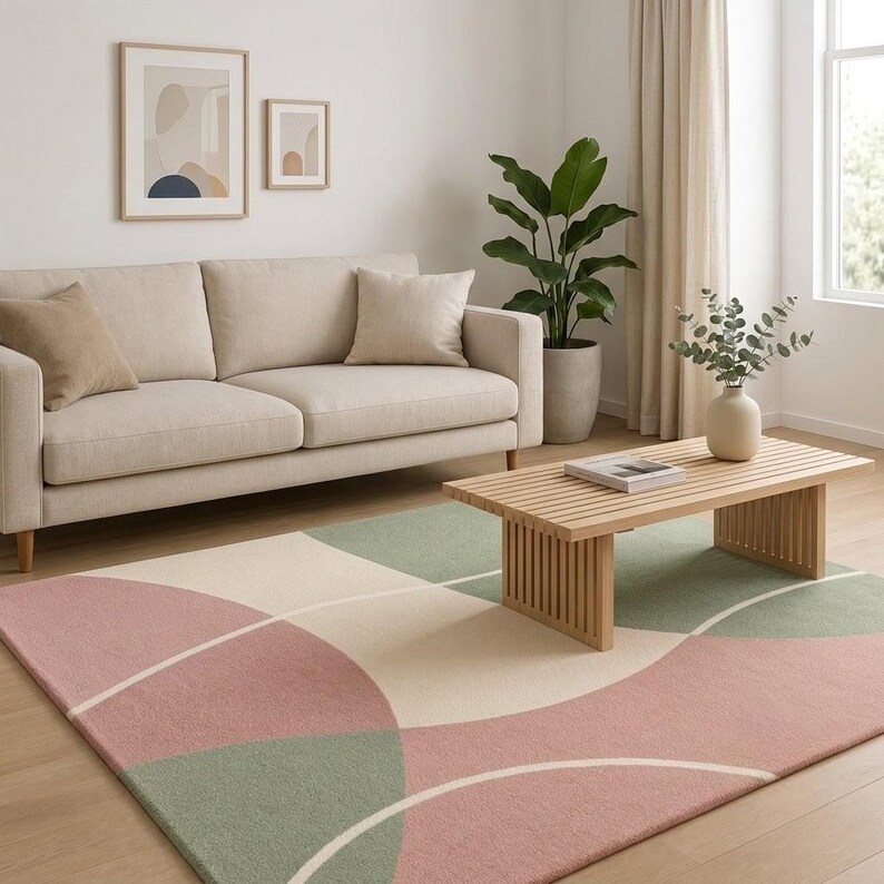 May include: A rectangular area rug featuring a geometric pattern of overlapping circles and curved lines in muted shades of dusty pink, sage green, and cream. The rug has a low-pile texture and covers a light-colored wooden floor in a living room.