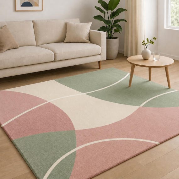 Modern Geometric Wool Rug, Hand Tufted Pastel Area Rug, Pink Green Cream Abstract Carpet, Contemporary Living Room Decor