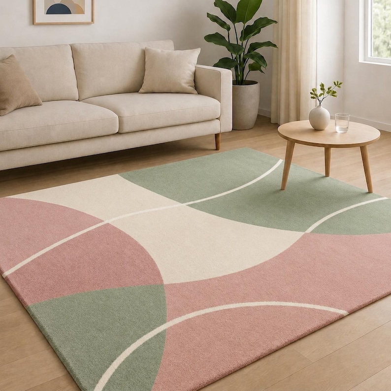 Hand-tufted modern geometric wool rug in pastel pink, sage green and cream with curved abstract lines, medium 10–12 mm pile and plush textured surface, styled in a contemporary US living room with a cream sofa, natural wood furniture and soft neutral décor.