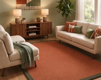 Terracotta Hand Tufted Wool Rug with Olive Green Border Modern Earthy Area Rug for Living Room Rustic Boho Floor Mat Mid Century Decor