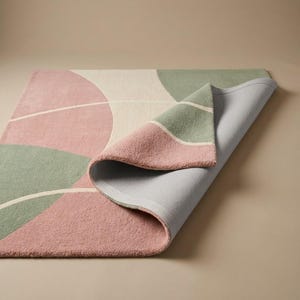 May include: A rectangular area rug featuring a geometric pattern of soft pink, sage green, and cream curved shapes. The rug is folded at one corner, revealing a light gray backing material and the thick, tufted texture of the pile surface.