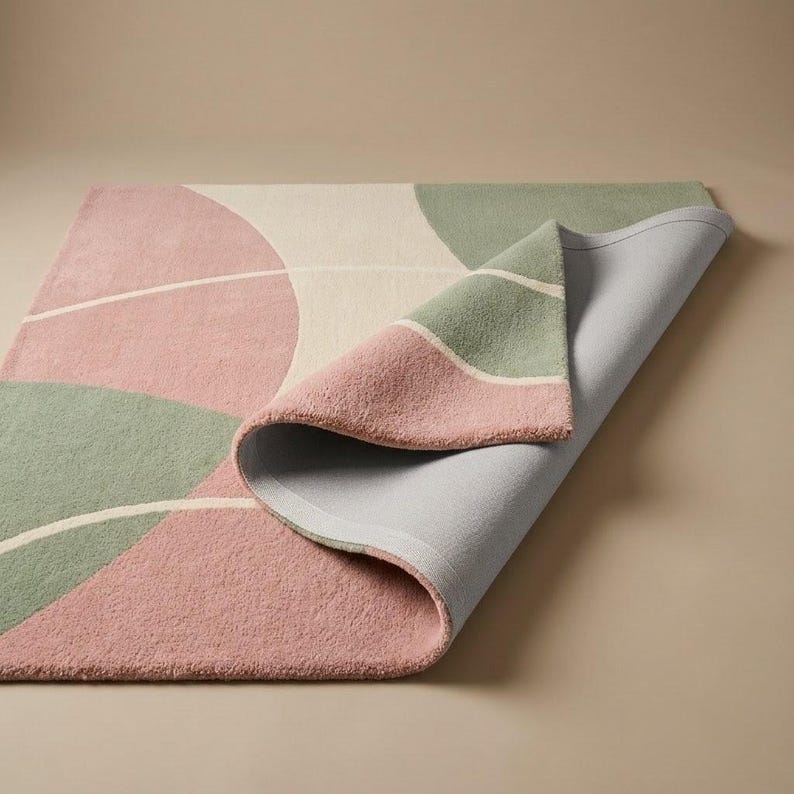 May include: A rectangular area rug featuring a geometric pattern of soft pink, sage green, and cream curved shapes. The rug is folded at one corner, revealing a light gray backing material and the thick, tufted texture of the pile surface.