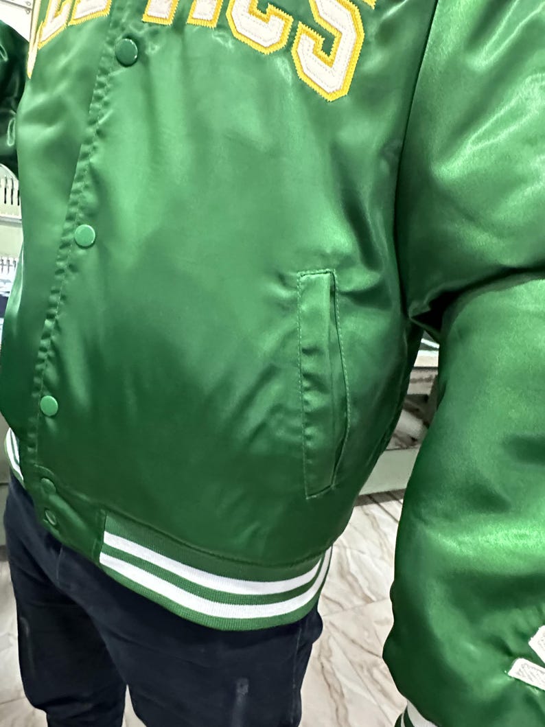 Vintage 1980s Boston Celtics NBA Embroidered Snap Button Satin Bomber Jacket / Varsity Style / 80s Sportswear