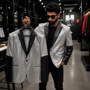 May include: A metallic silver blazer featuring contrasting black lapels and black sleeves. The garment has a single-button front closure, two side flap pockets, and a structured fit. The fabric has a shimmering, reflective finish throughout.