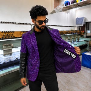Papa v Purple Sequin Leather Blazer, Gothic Concert Jacket, Black Leather Sleeve Sparkle Blazer, Stage Costume, Halloween Party Outfit,