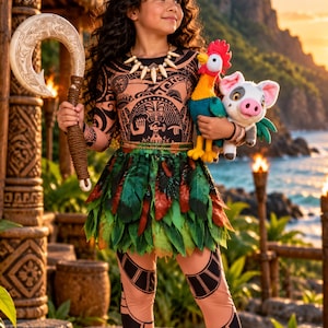 May include: A long-sleeved tan top and leggings set featuring black tribal patterns, a green leaf-textured skirt, a white shell-style necklace, a curved tan hook prop with rope detailing, and plush toys of a rooster and a piglet.