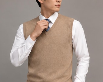 Men's V-Neck Knit Sweater Vest, Striped Pullover, Polyester Autumn Winter Layering