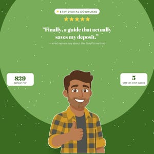 May include: A digital download graphic on a green background featuring a cartoon character in a yellow and black plaid shirt giving a thumbs up. Text includes "Finally, a guide that actually saves my deposit," "Etsy Digital Download," and "5 step-by-step guides."